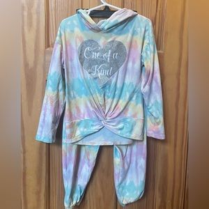 Lily Bleu Girls Sz 5 Hoodie Joggers Set Pink Tie-Dye “one Of A Kind” Glitter